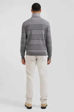Regular grey striped cotton and cashmere crew neck jumper