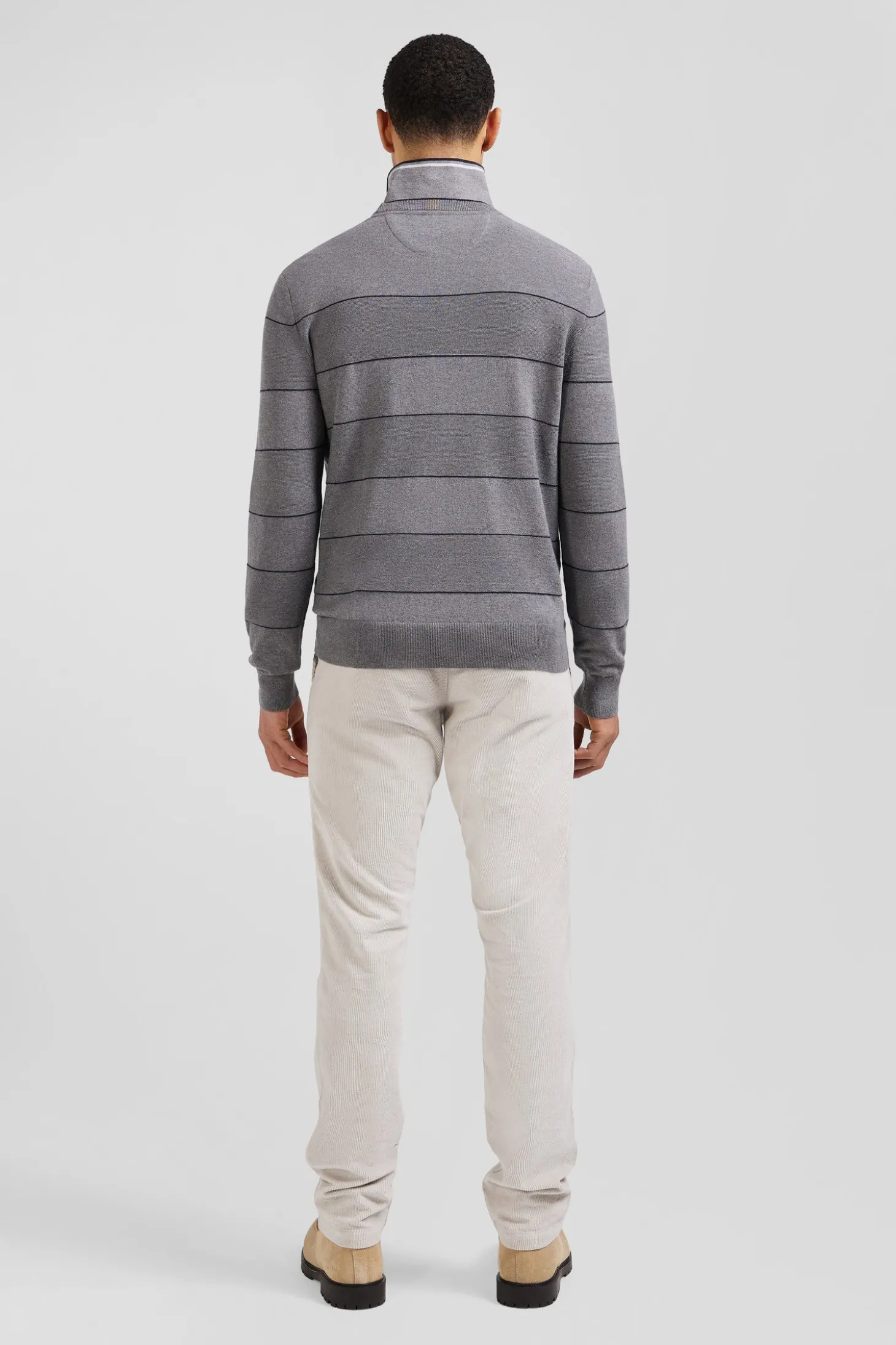 Regular grey striped cotton and cashmere crew neck jumper