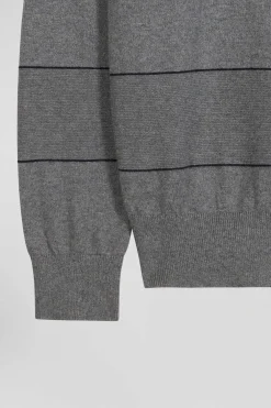Regular grey striped cotton and cashmere crew neck jumper