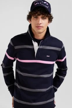 Regular grey striped long-sleeved cotton rugby shirt with back embroidery