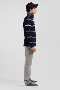 Regular grey striped long-sleeved cotton rugby shirt with back embroidery