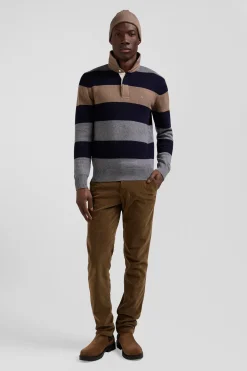 Regular grey striped wool and cotton jumper with rugby shirt collar