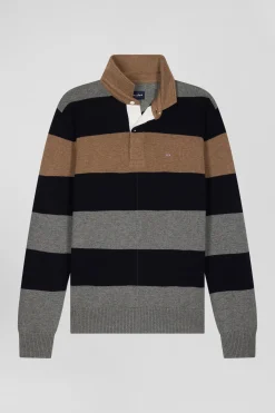Regular grey striped wool and cotton jumper with rugby shirt collar