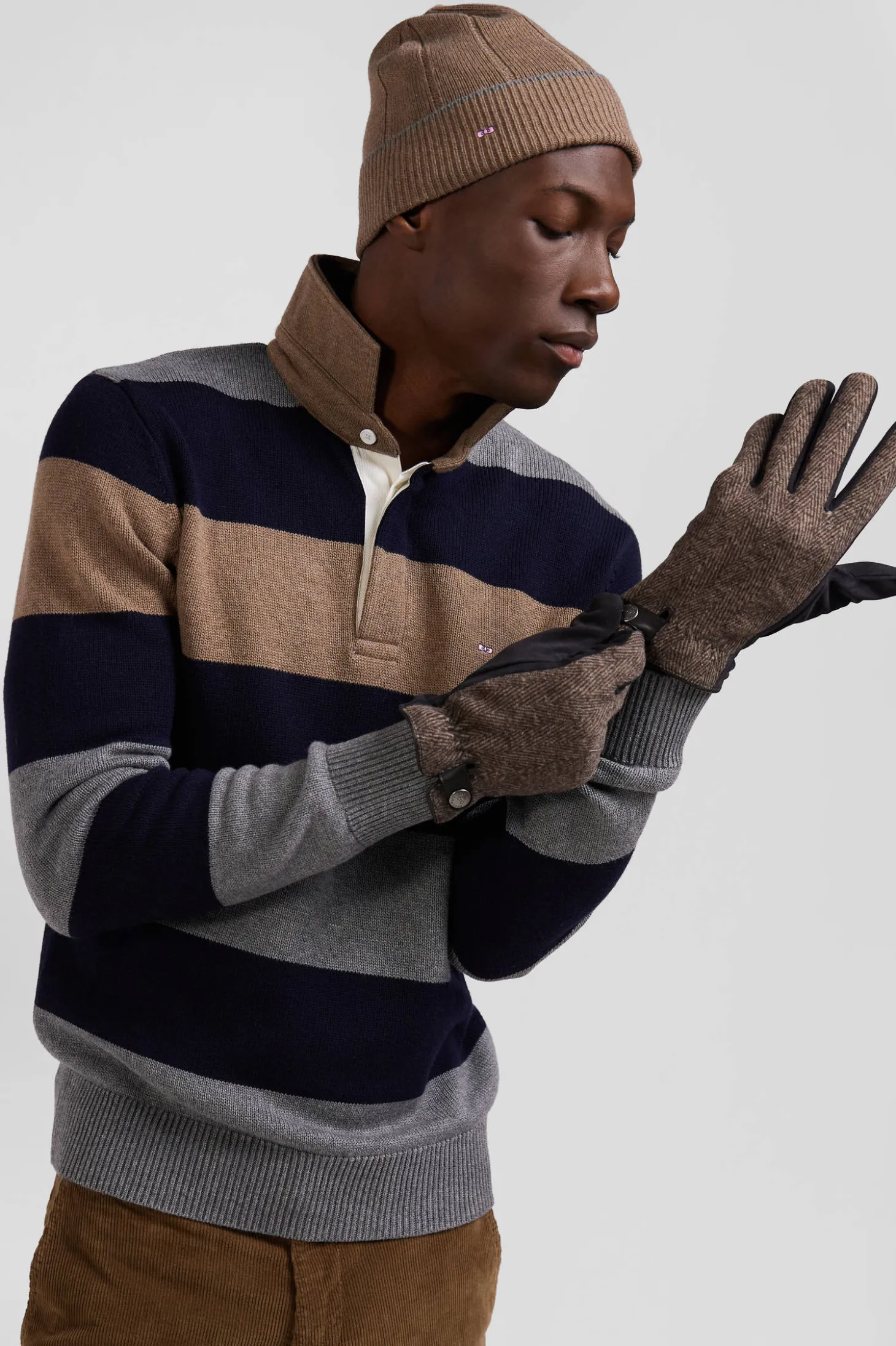 Regular grey striped wool and cotton jumper with rugby shirt collar