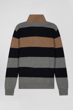 Regular grey striped wool and cotton jumper with rugby shirt collar