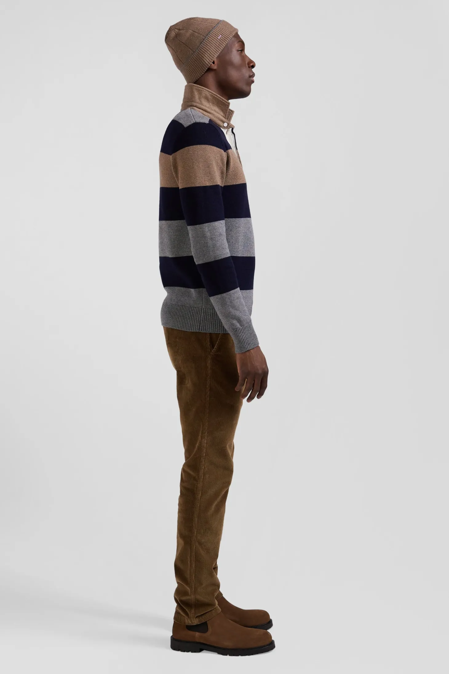 Regular grey striped wool and cotton jumper with rugby shirt collar