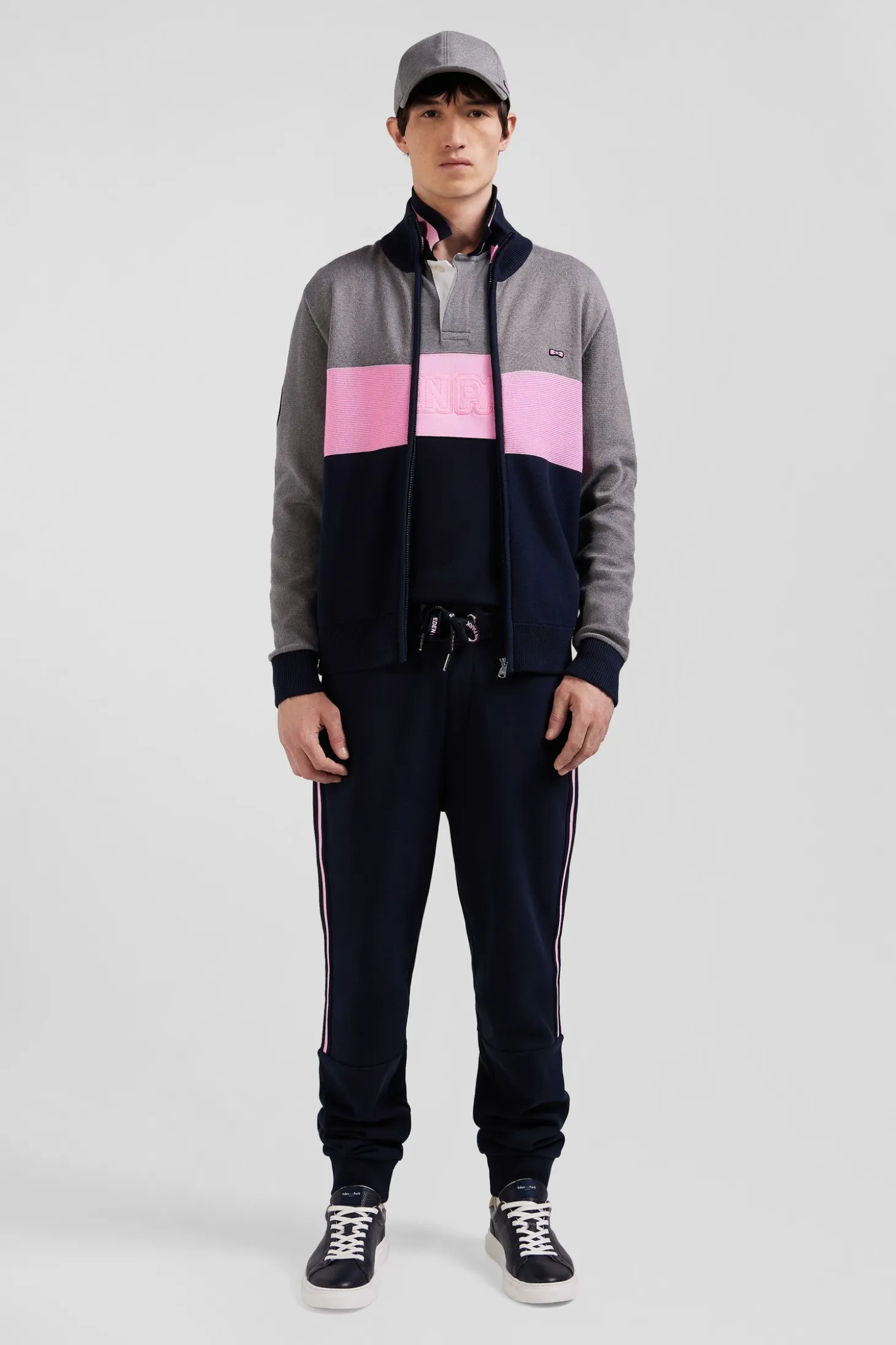 Regular grey tricolour high collar zipped cardigan with N°10 embroidery and knit patterns