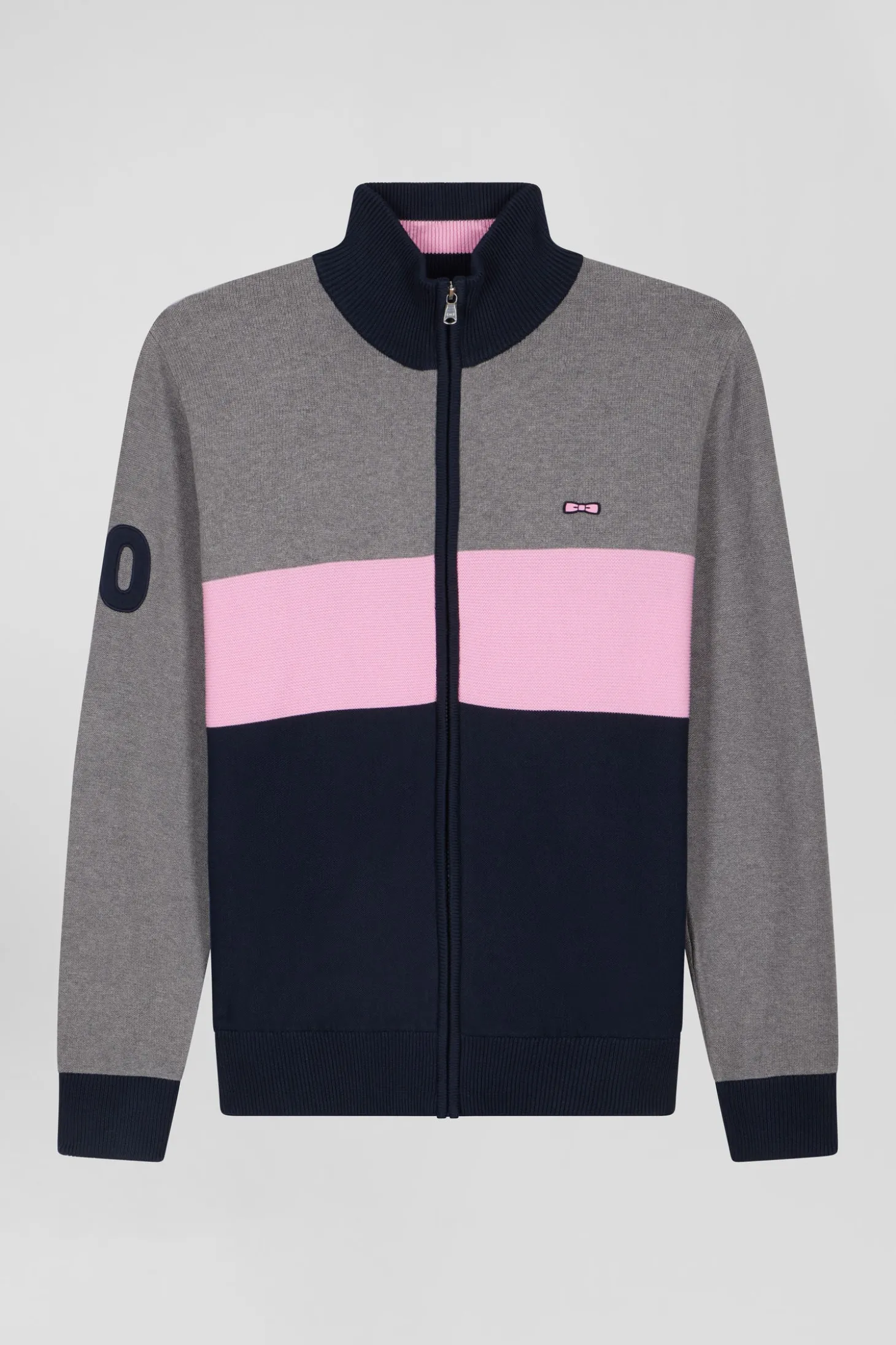 Regular grey tricolour high collar zipped cardigan with N°10 embroidery and knit patterns