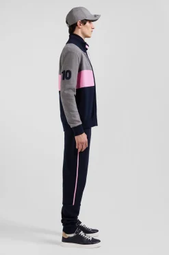 Regular grey tricolour high collar zipped cardigan with N°10 embroidery and knit patterns