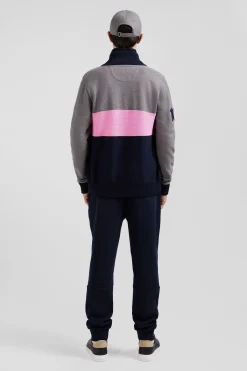 Regular grey tricolour high collar zipped cardigan with N°10 embroidery and knit patterns