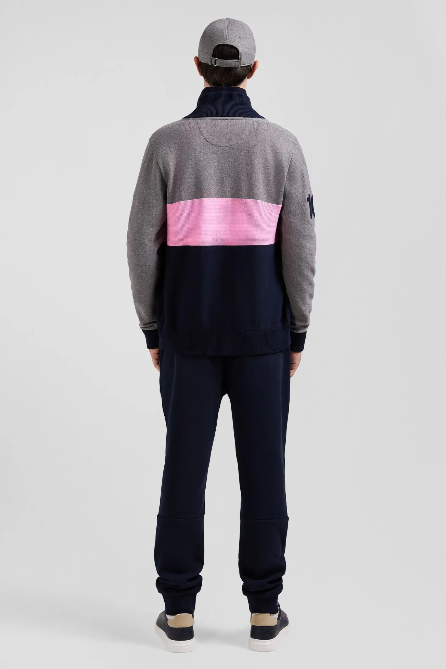 Regular grey tricolour high collar zipped cardigan with N°10 embroidery and knit patterns