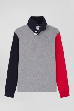 Regular grey tricolour XV de France long-sleeved cotton rugby shirt