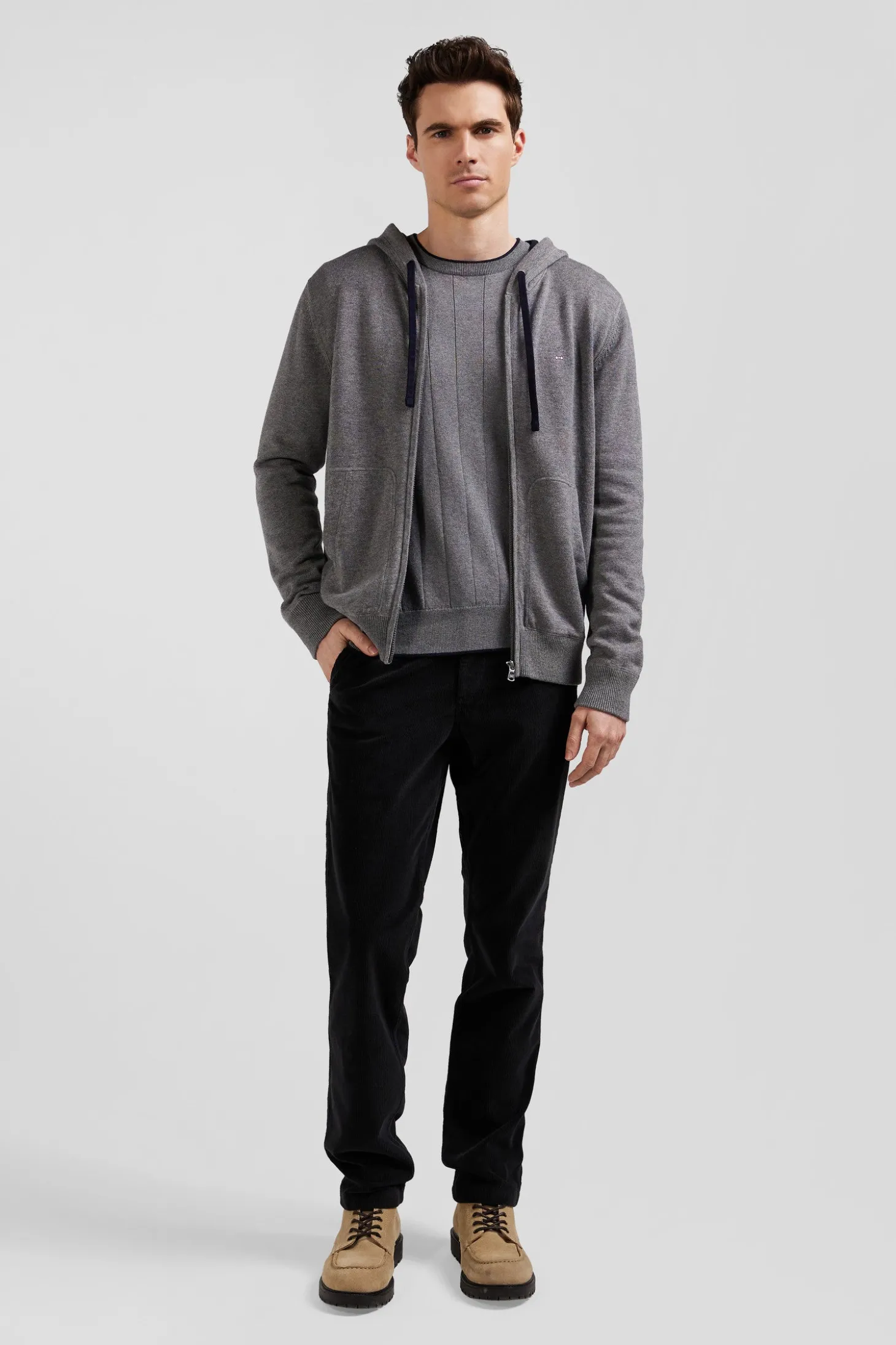 Regular grey wool and cotton knitted zip-up jumper