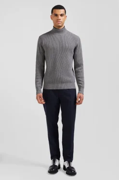 Regular grey wool and cotton high-neck jumper