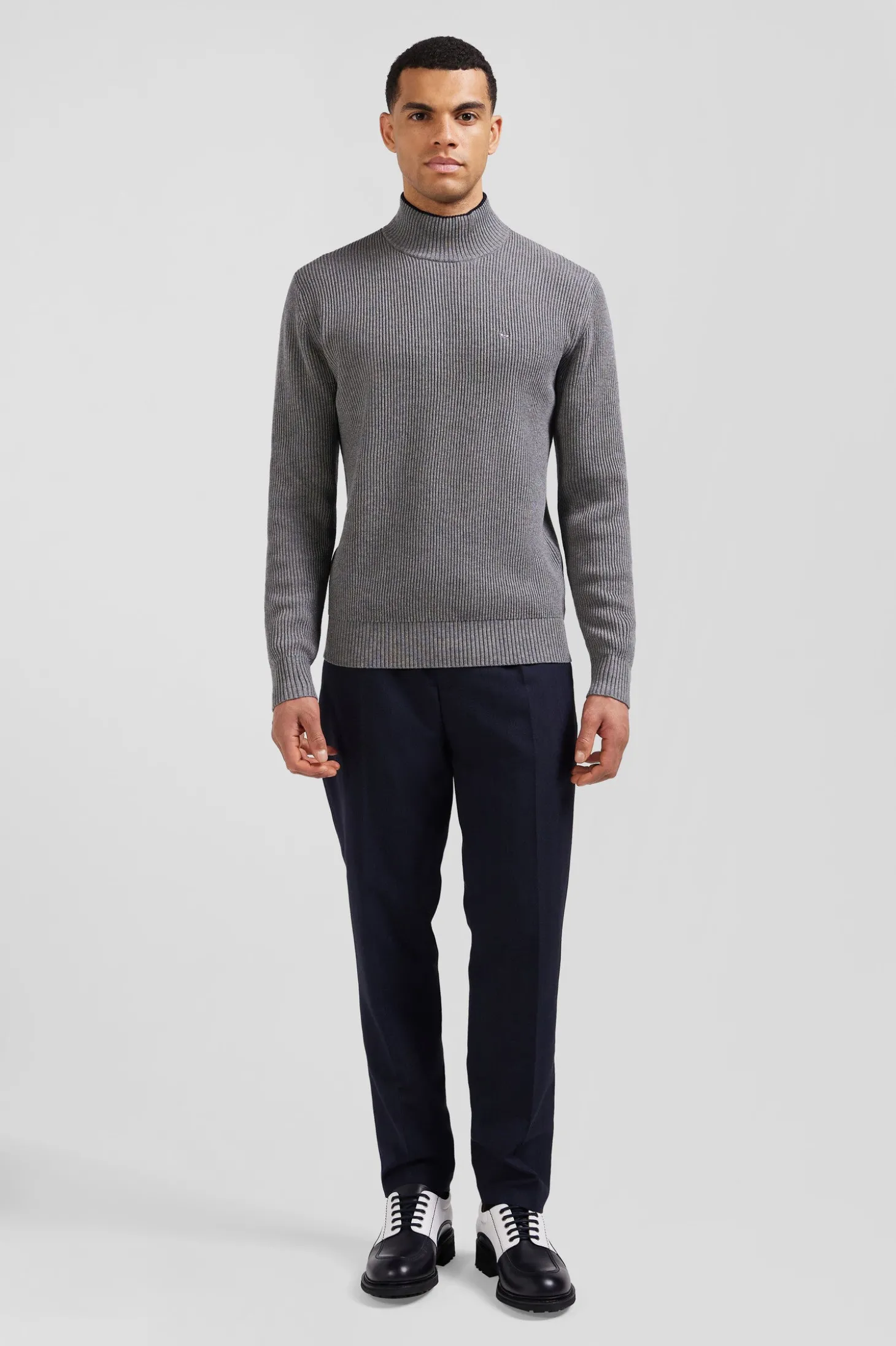 Regular grey wool and cotton high-neck jumper