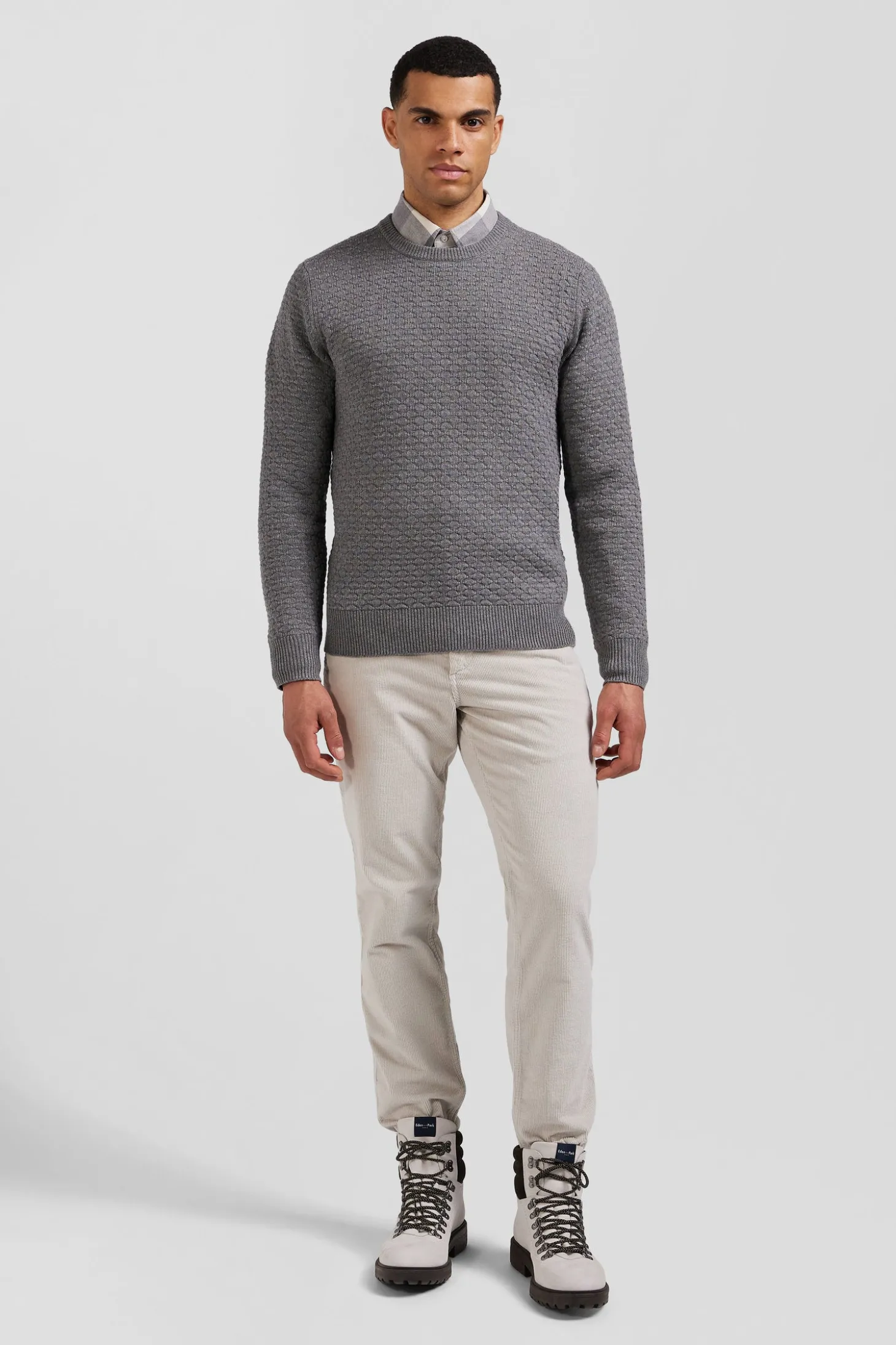 Regular grey wool and cotton crew neck jumper with micro bow tie effect