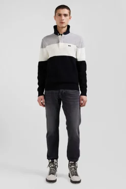 Regular grey wool and cotton jumper with knit patterns and rugby shirt collar
