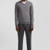 Regular grey wool and cotton V-neck jumper with striped details