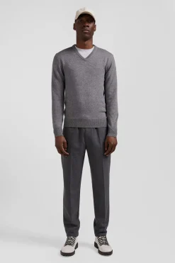 Regular grey wool and cotton V-neck jumper with striped details