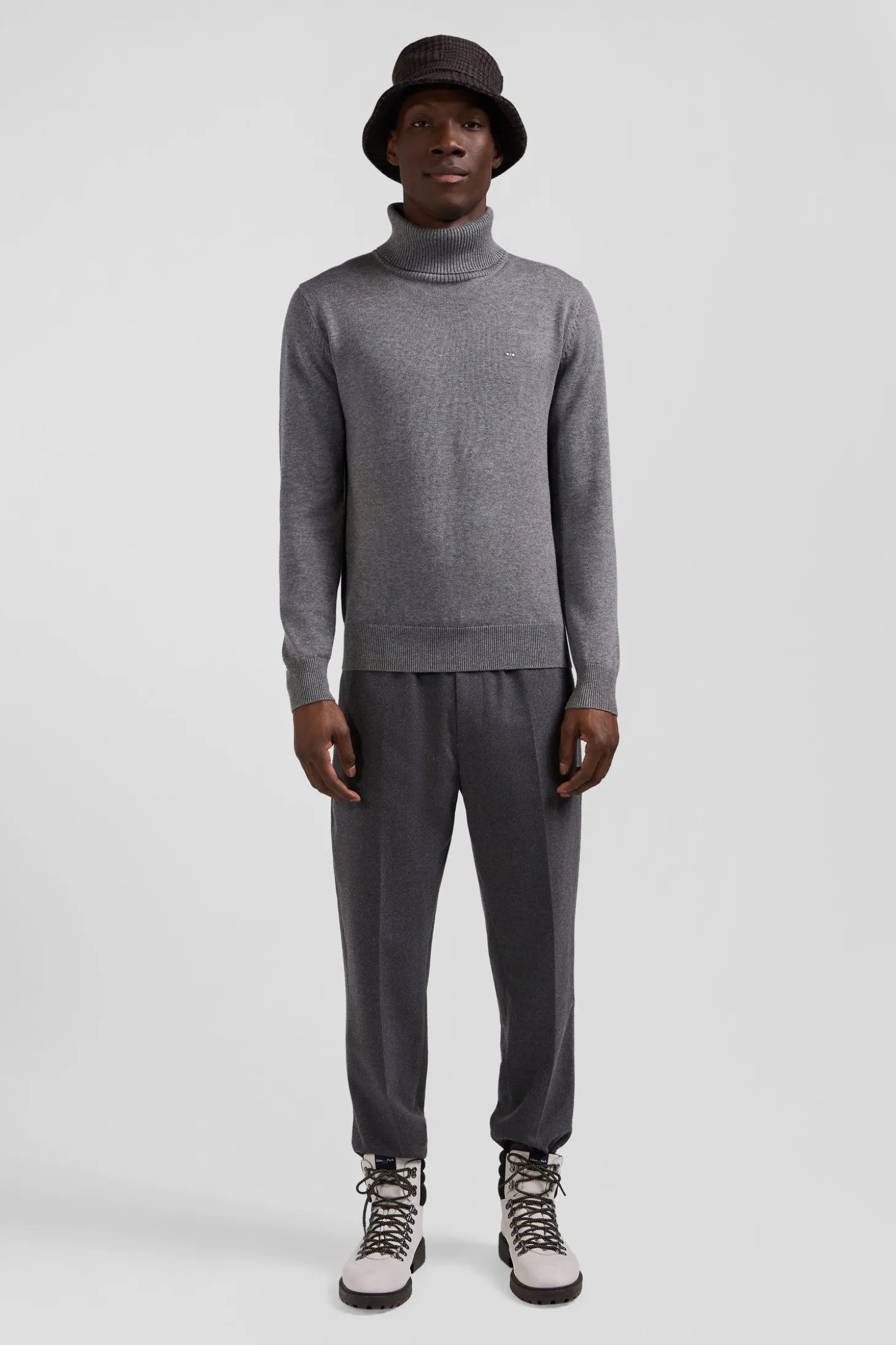 Regular grey wool and cotton turtleneck jumper