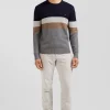 Regular grey wool and cotton crew neck jumper with knit patterns