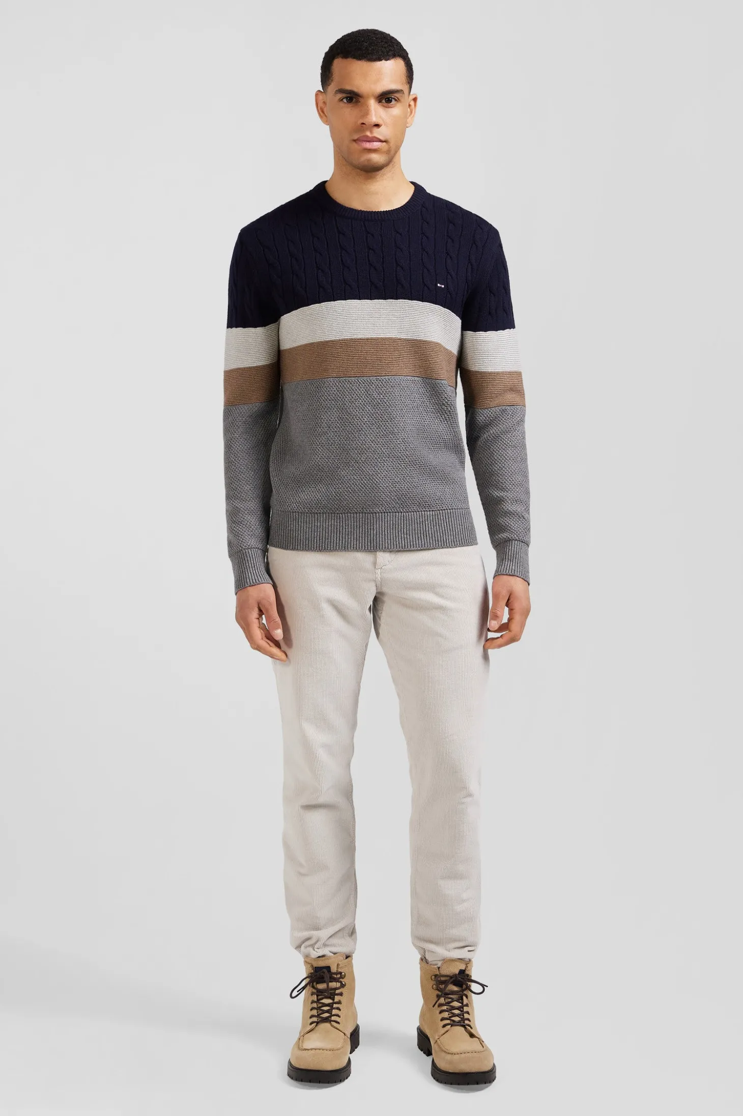 Regular grey wool and cotton crew neck jumper with knit patterns