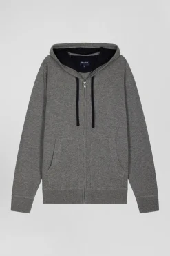 Regular grey wool and cotton knitted zip-up jumper