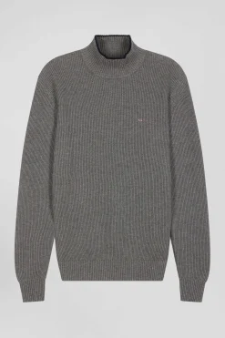 Regular grey wool and cotton high-neck jumper