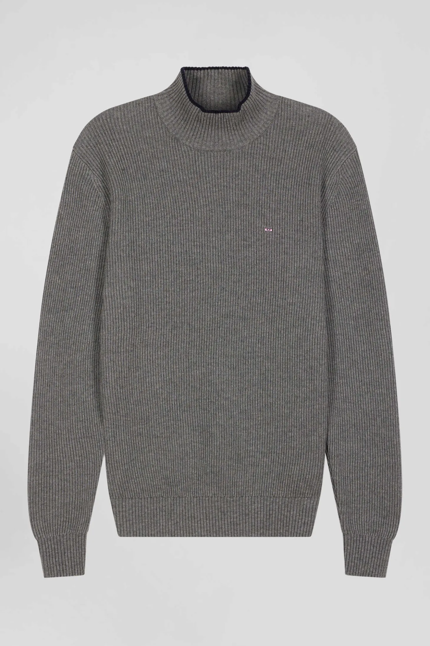 Regular grey wool and cotton high-neck jumper