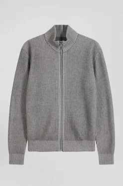 Regular grey wool and cotton zipped cardigan
