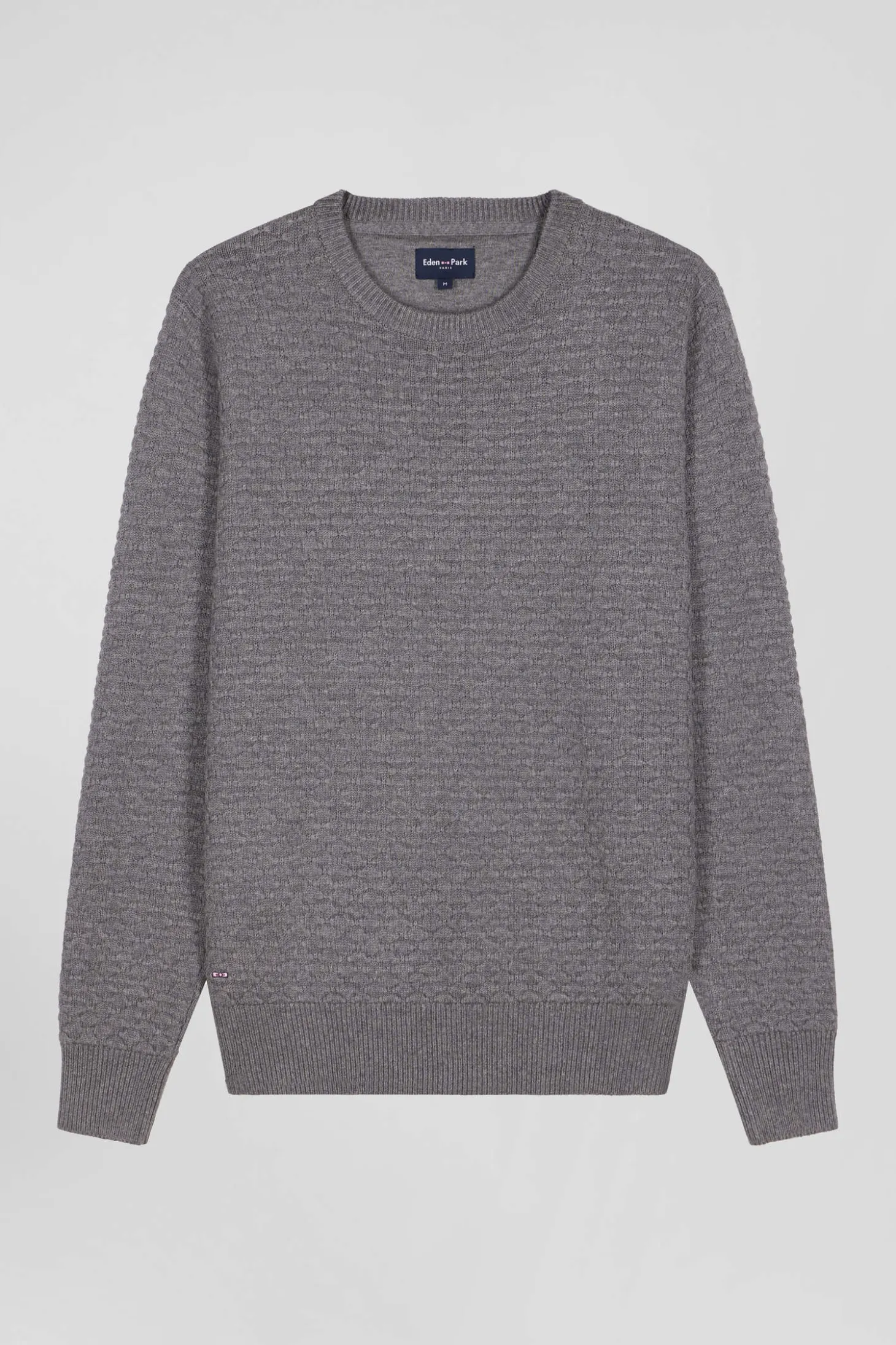 Regular grey wool and cotton crew neck jumper with micro bow tie effect