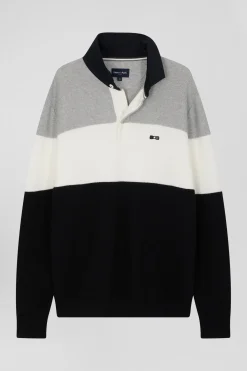 Regular grey wool and cotton jumper with knit patterns and rugby shirt collar