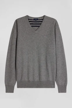 Regular grey wool and cotton V-neck jumper with striped details