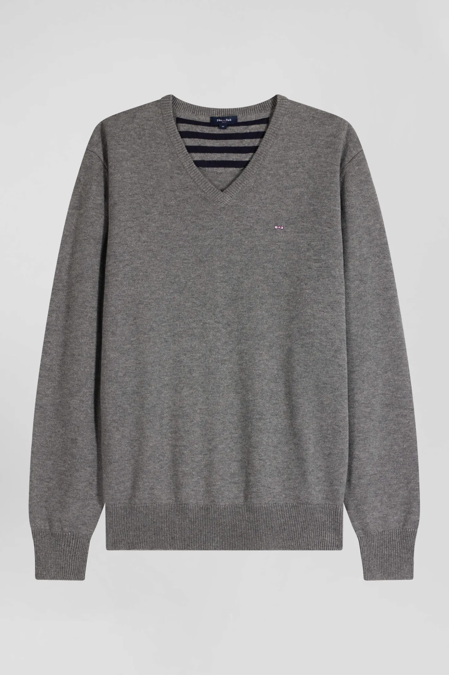 Regular grey wool and cotton V-neck jumper with striped details