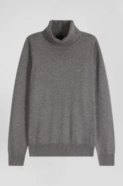 Regular grey wool and cotton turtleneck jumper