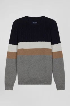 Regular grey wool and cotton crew neck jumper with knit patterns