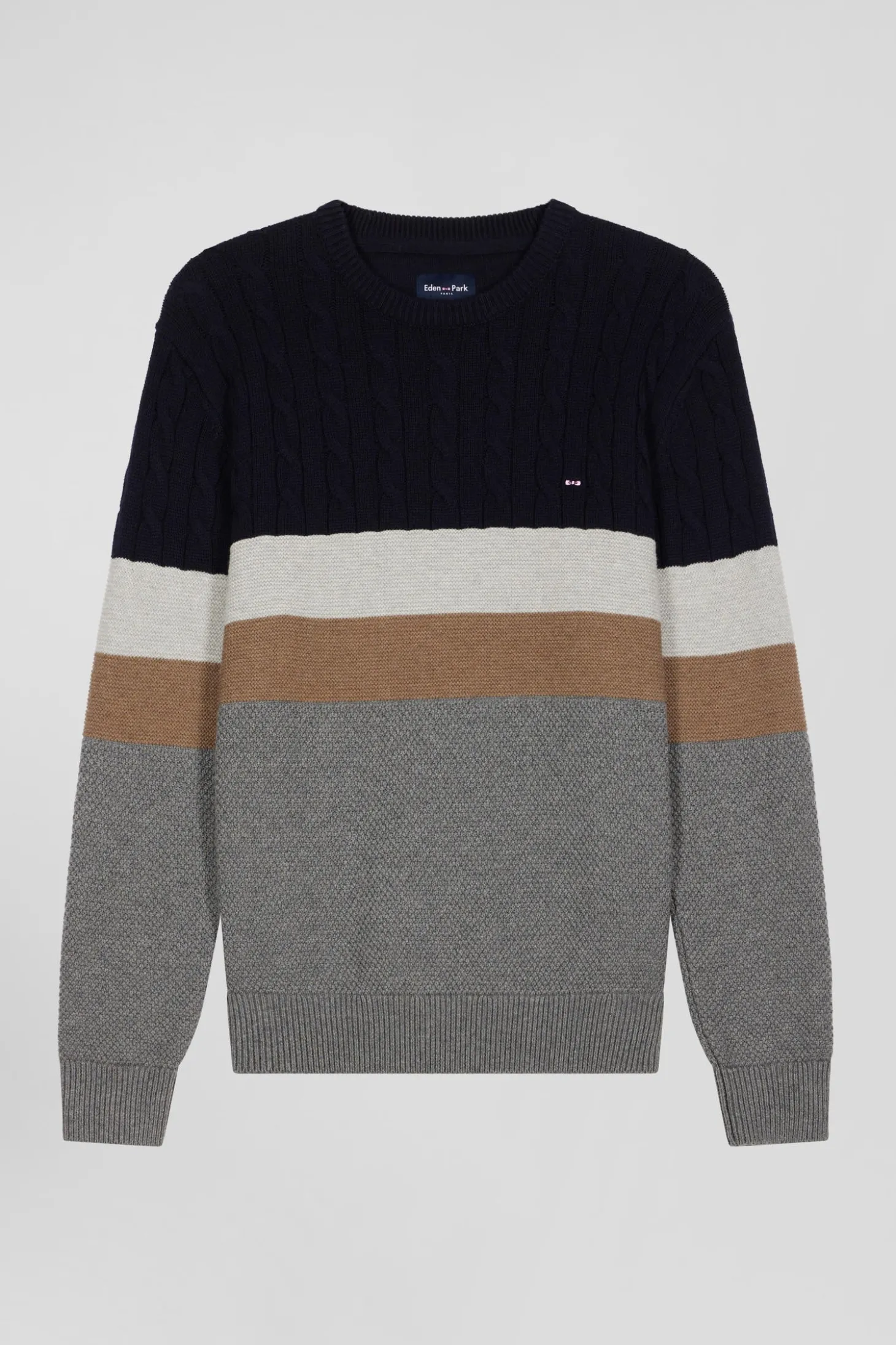 Regular grey wool and cotton crew neck jumper with knit patterns