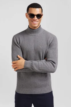 Regular grey wool and cotton high-neck jumper