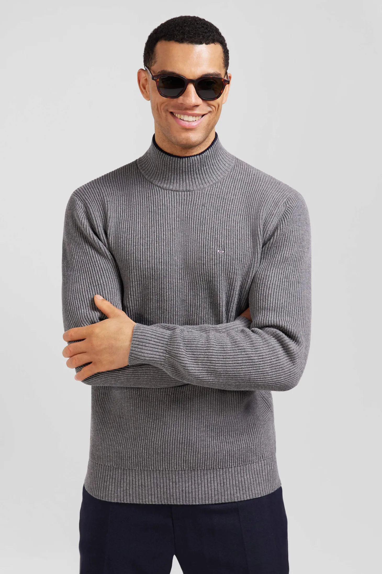 Regular grey wool and cotton high-neck jumper
