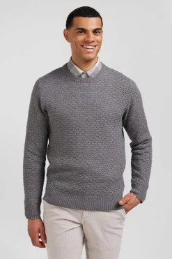 Regular grey wool and cotton crew neck jumper with micro bow tie effect
