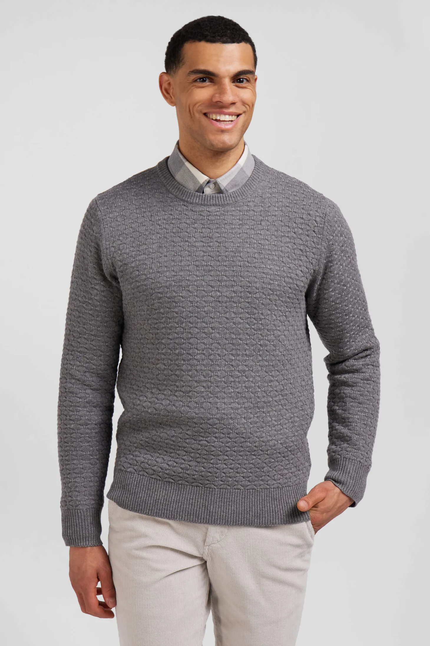 Regular grey wool and cotton crew neck jumper with micro bow tie effect