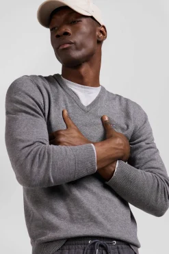 Regular grey wool and cotton V-neck jumper with striped details