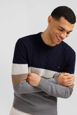 Regular grey wool and cotton crew neck jumper with knit patterns