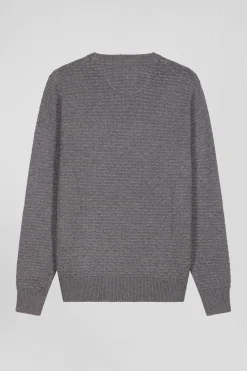 Regular grey wool and cotton crew neck jumper with micro bow tie effect