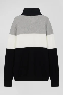 Regular grey wool and cotton jumper with knit patterns and rugby shirt collar