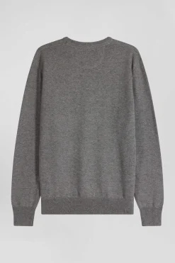 Regular grey wool and cotton V-neck jumper with striped details