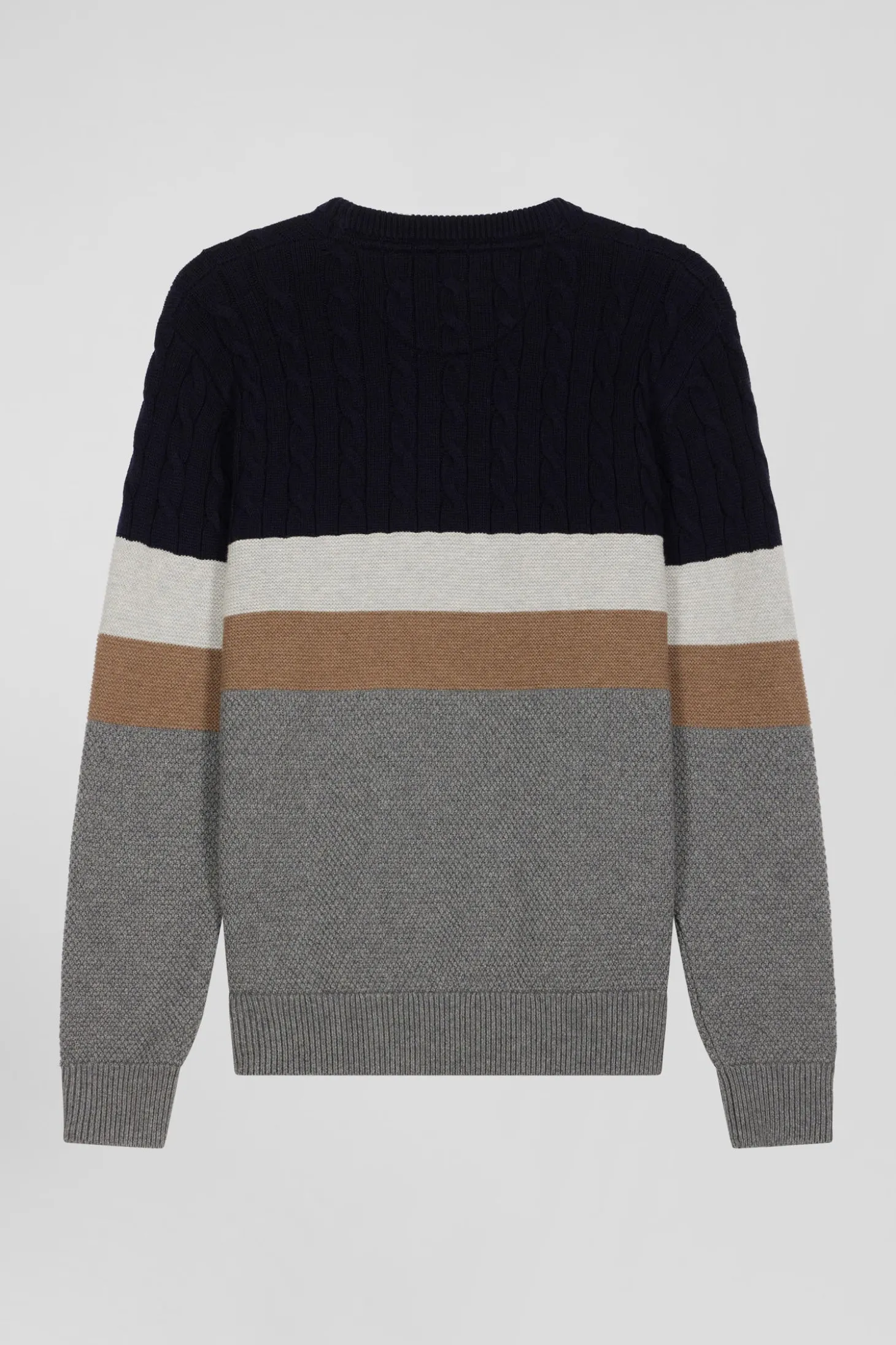 Regular grey wool and cotton crew neck jumper with knit patterns