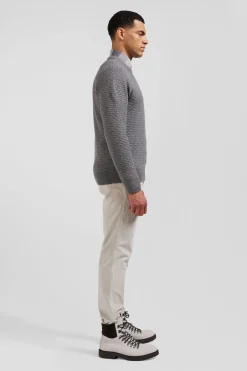 Regular grey wool and cotton crew neck jumper with micro bow tie effect