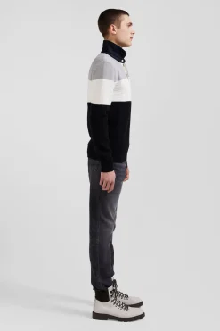 Regular grey wool and cotton jumper with knit patterns and rugby shirt collar