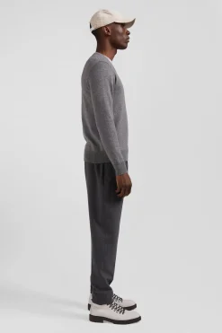 Regular grey wool and cotton V-neck jumper with striped details
